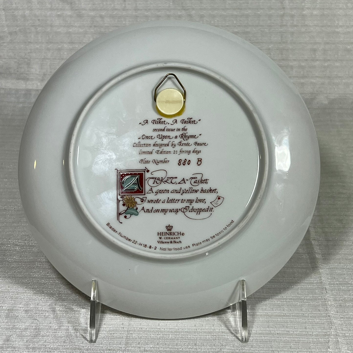 Once Upon a Rhyme A Tisket, A Tasket Collectors Plate Heinrich W. Germany Villeroy & Boch