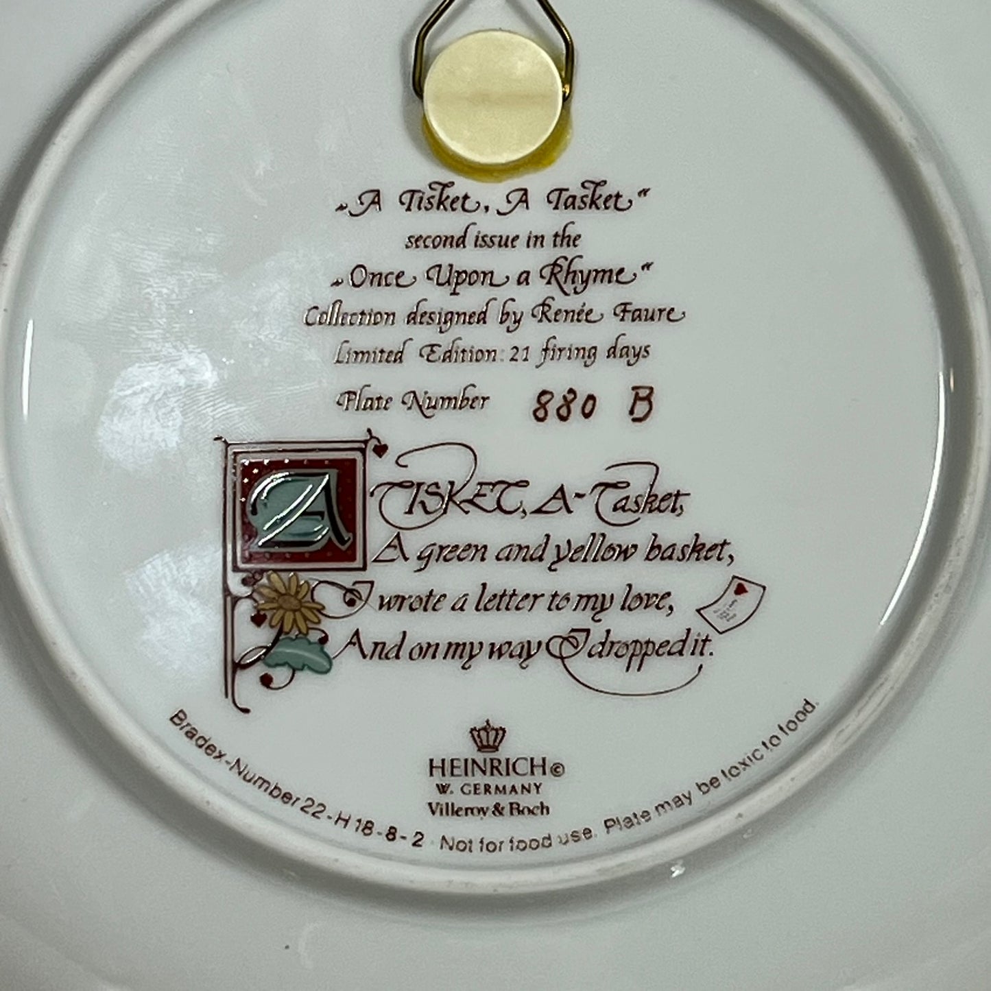 Once Upon a Rhyme A Tisket, A Tasket Collectors Plate Heinrich W. Germany Villeroy & Boch