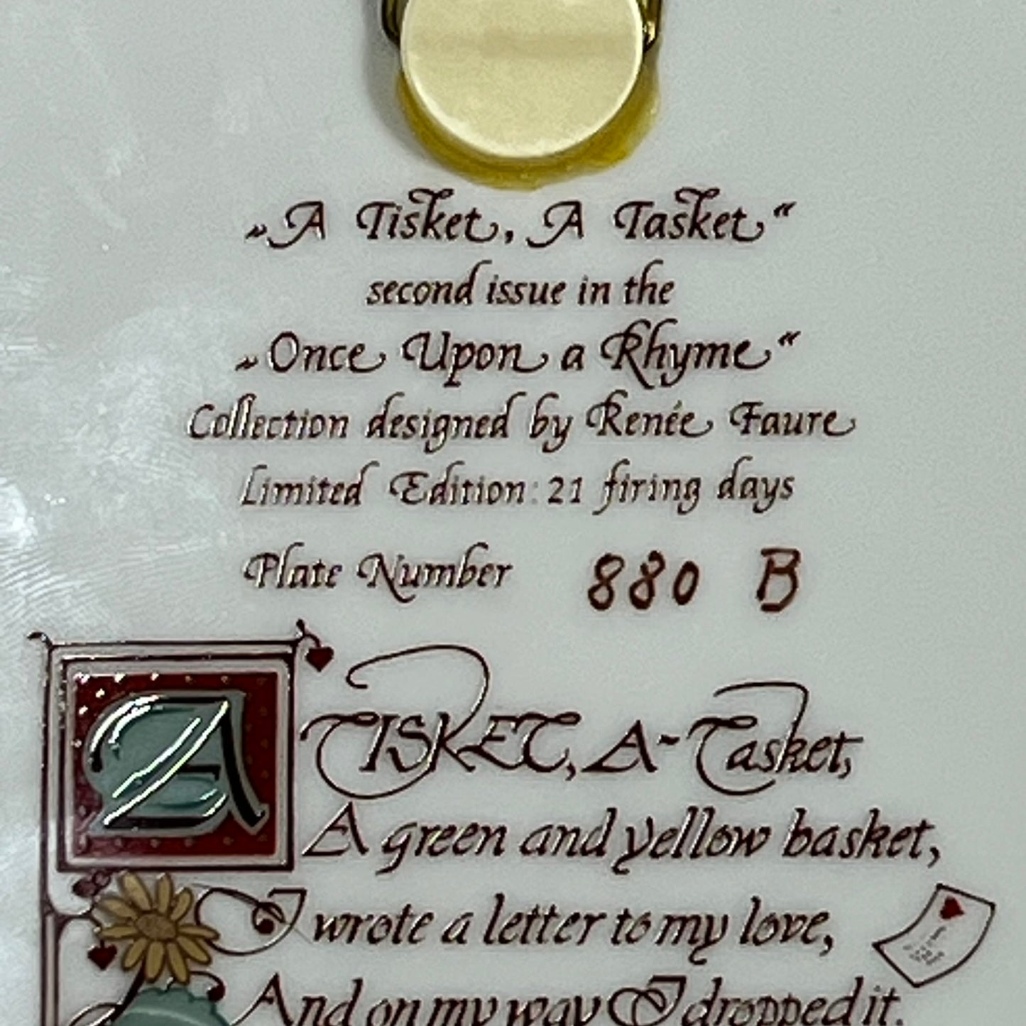 Once Upon a Rhyme A Tisket, A Tasket Collectors Plate Heinrich W. Germany Villeroy & Boch