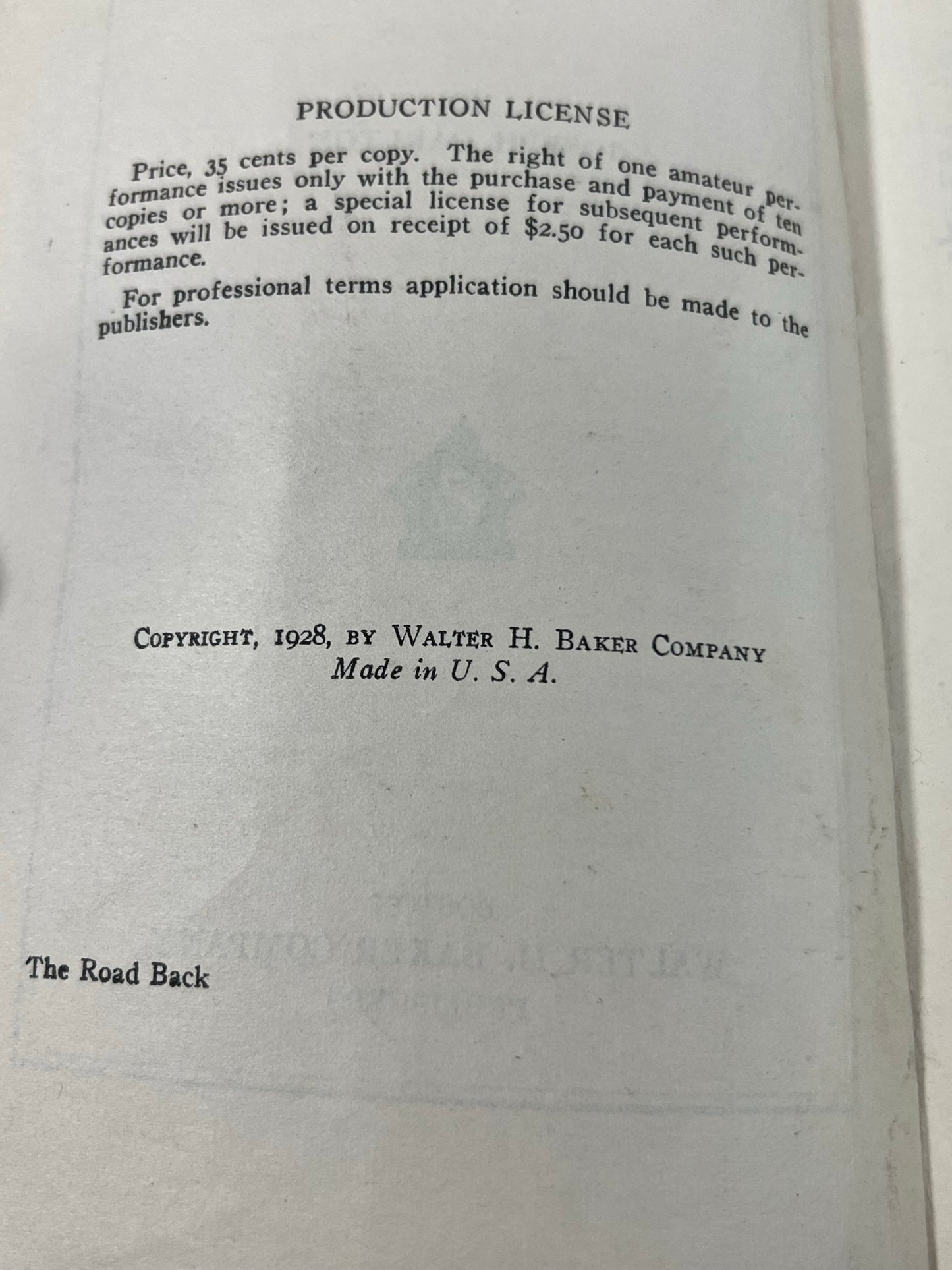 Baker's All Star Series The Road Back by Joseph Carlton play book - script - Baker's Edition of Plays - 1928 - Signed by cast