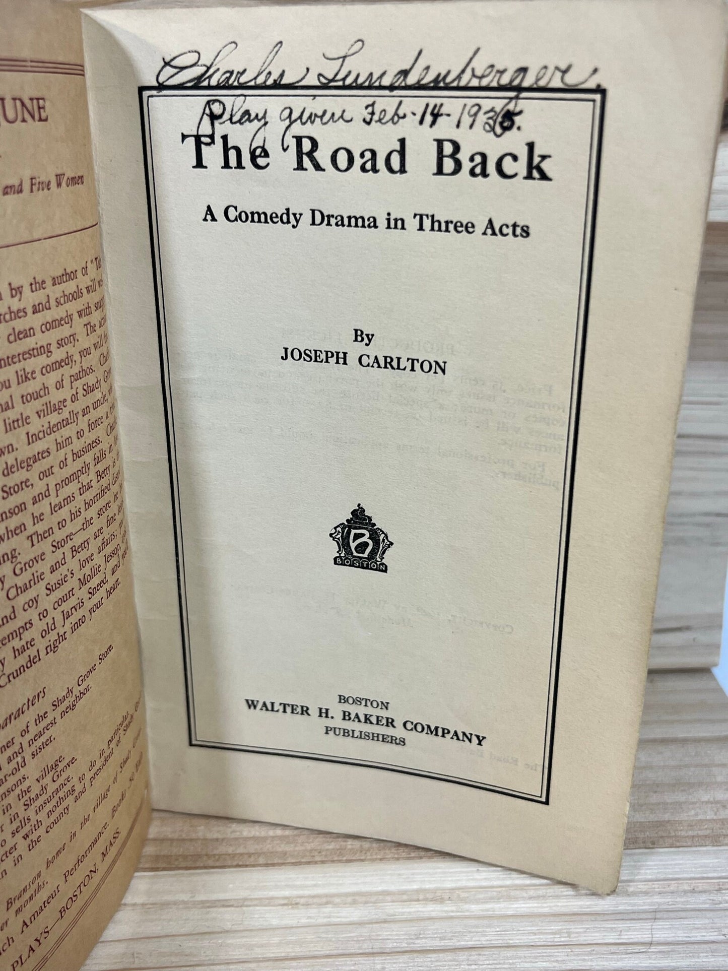 Baker's All Star Series The Road Back by Joseph Carlton play book - script - Baker's Edition of Plays - 1928 - Signed by cast
