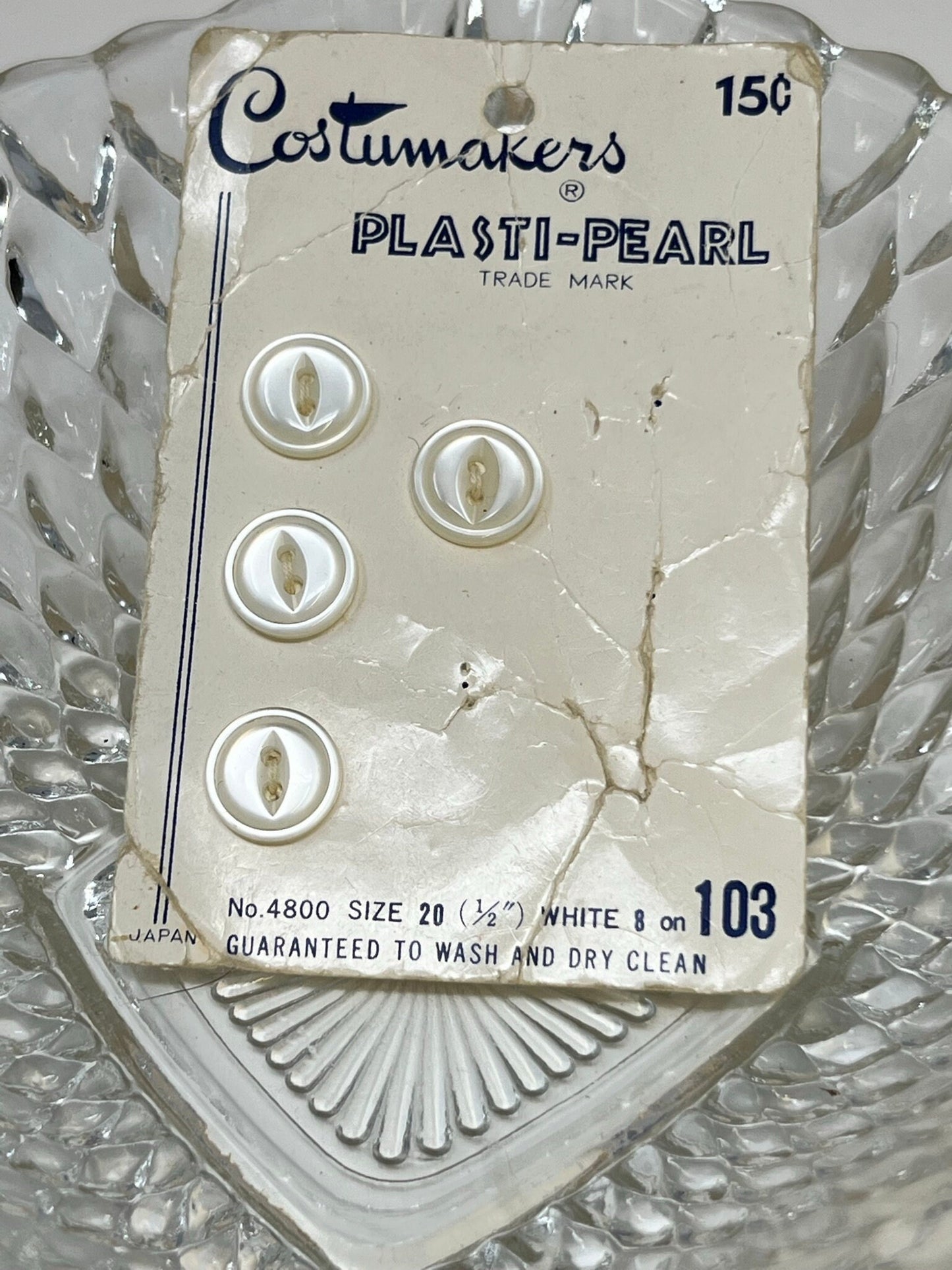 Button Pack #19 - White Vintage Buttons - 2 Holes - 4 Buttons - Costumakers Plasti-Pearl - 4800 size 20 1/2" - On card, missing 4 buttons