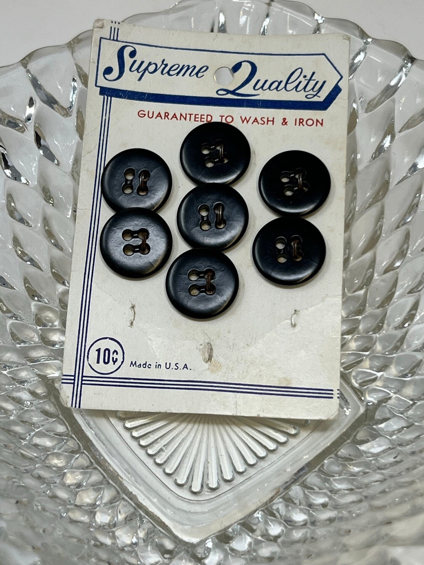 Button Pack #23 - Black Vintage Buttons - 4 Holes - 7 Buttons - Supreme Quality - Guaranteed to wash and Iron - On card, 3 missing