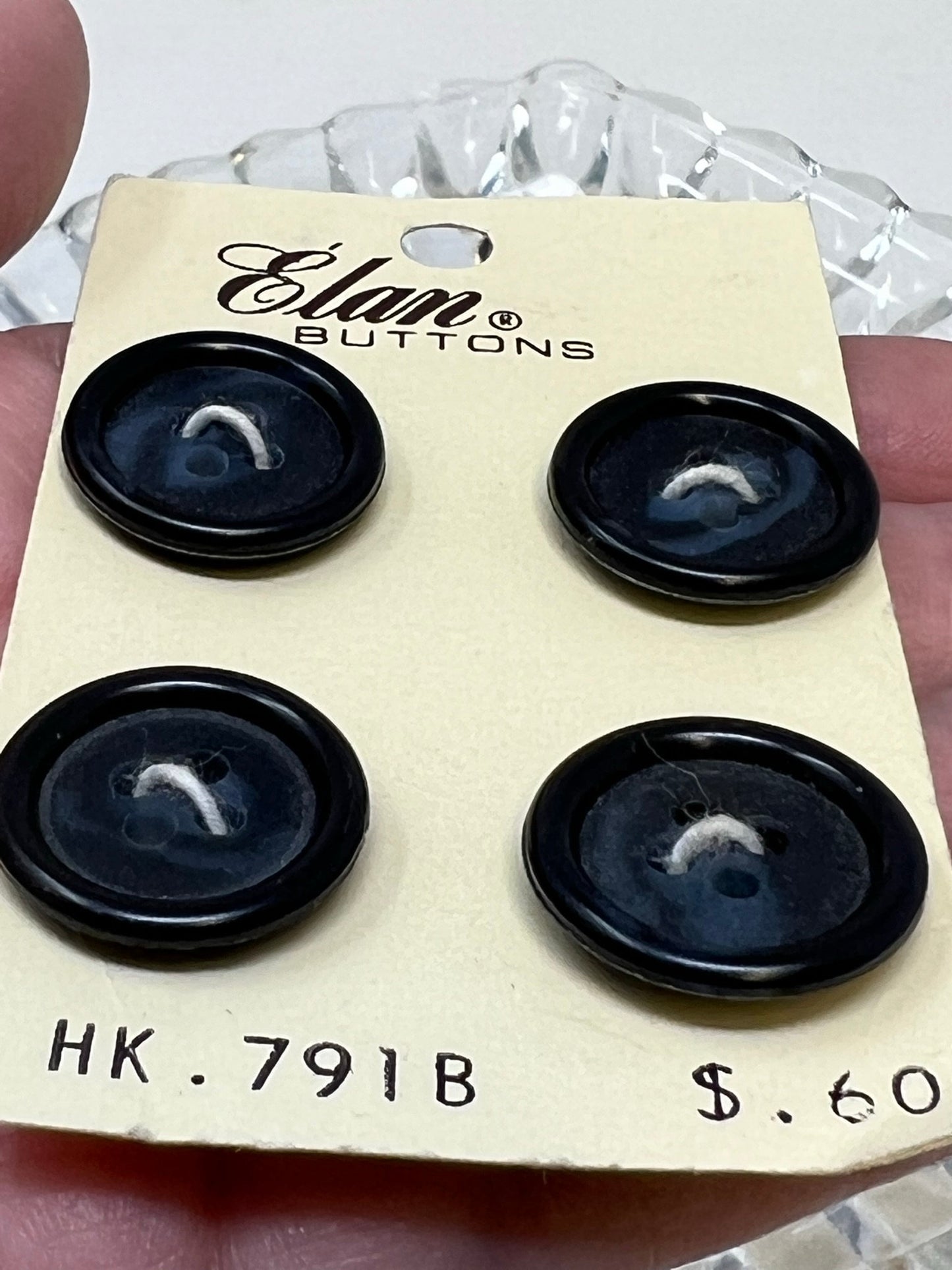 Button Pack #27 - Blue Vintage Buttons - 4 Holes - 4 Buttons - Elan Buttons - HK 791B size 30 3/4" - On cards, none missing