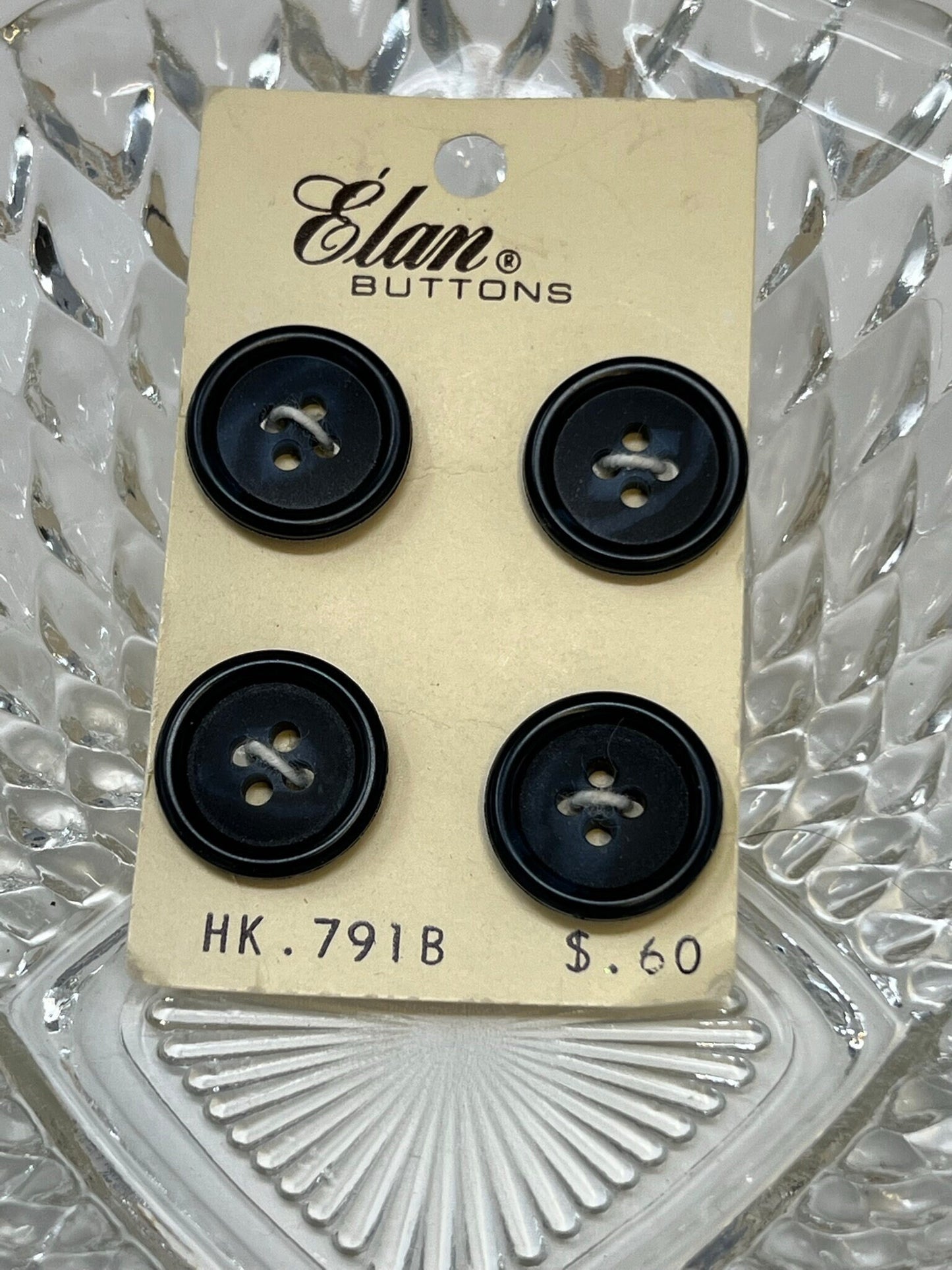 Button Pack #27 - Blue Vintage Buttons - 4 Holes - 4 Buttons - Elan Buttons - HK 791B size 30 3/4" - On cards, none missing