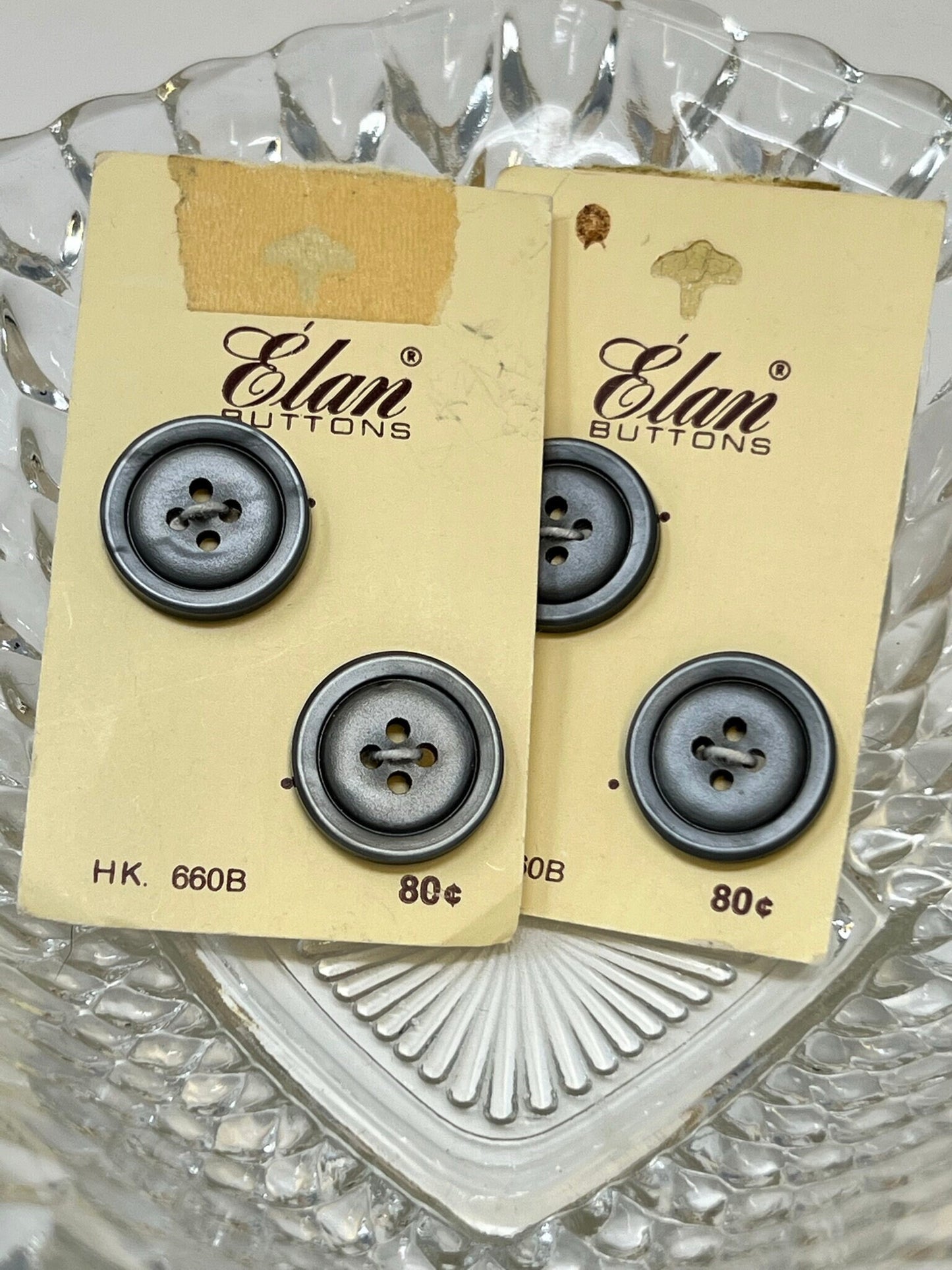 Button Pack #28 - Silver Vintage Buttons - 4 Holes - 4 Buttons - Elan Buttons - HK 660B size 32 3/4" - On cards, none missing