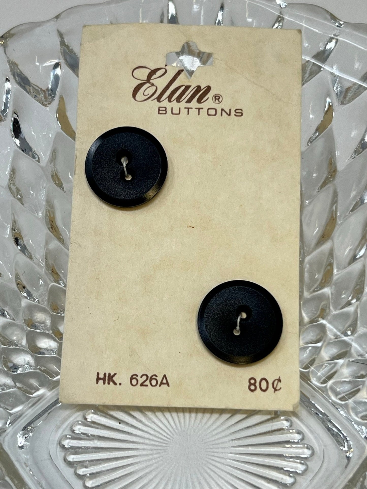 Button Pack #29 - Black Vintage Buttons - 2 Holes - 2 Buttons - Elan Buttons - HK 626A size 28 3/4" - On card none missing