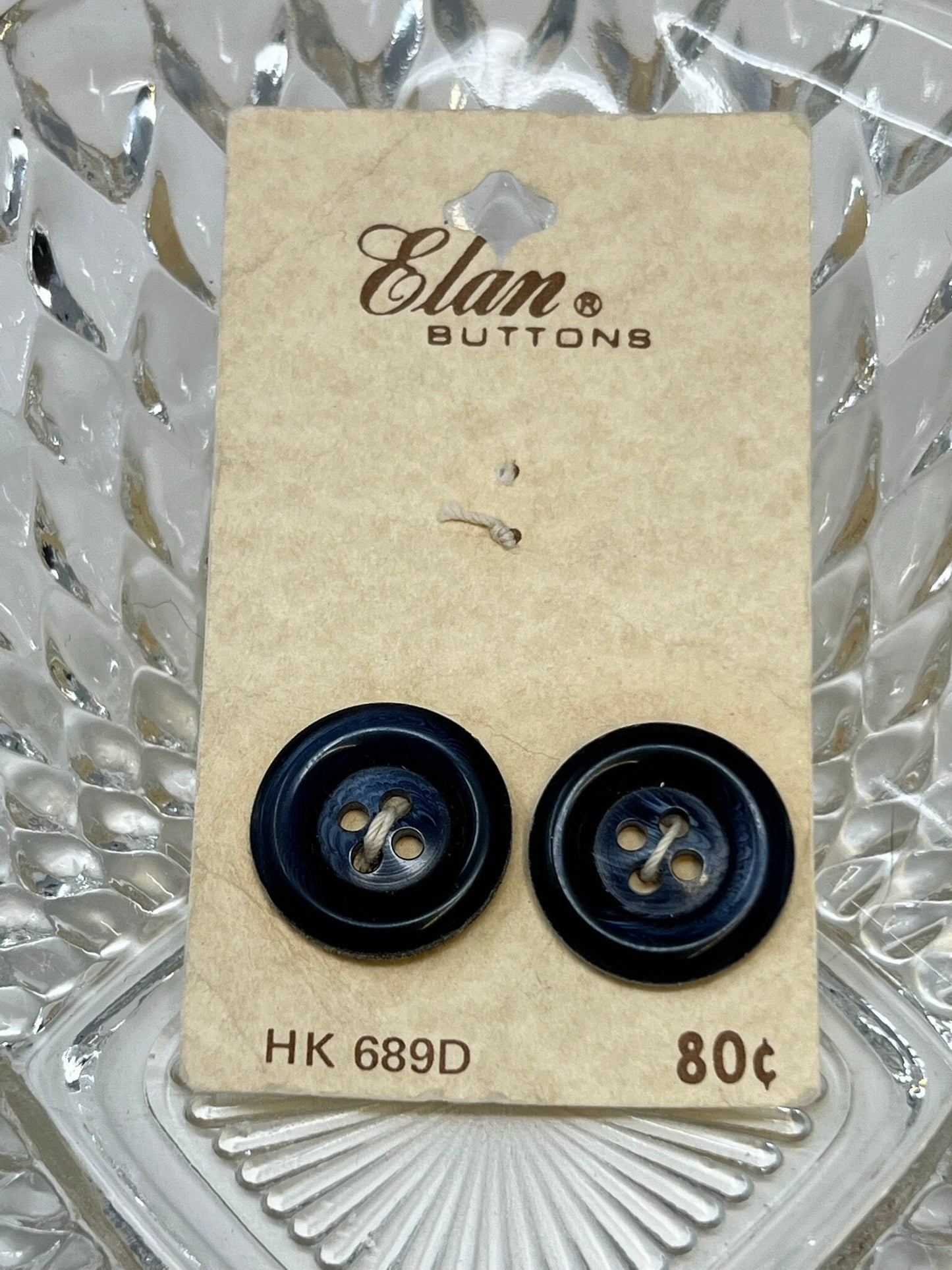 Button Pack #38 - Navy Blue Vintage Buttons - 4 Holes - 2 Buttons - Elan Buttons - HK 689D size 32 3/4" - On cards, one missing
