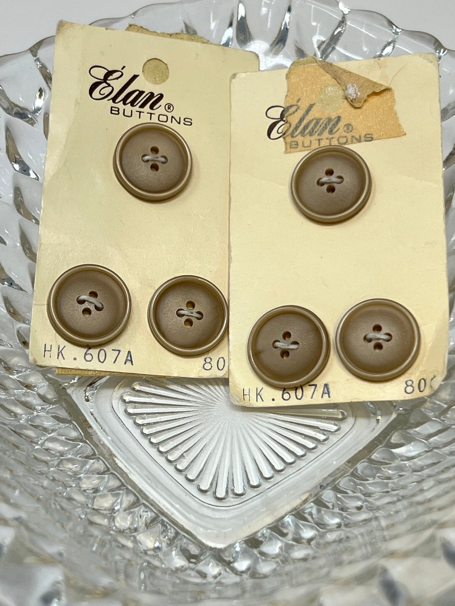 Button Pack #47 - Tan Vintage Buttons - 4 Holes - 6 Buttons - Elan Buttons - HK 607A size 28 3/4" - On cards, none missing