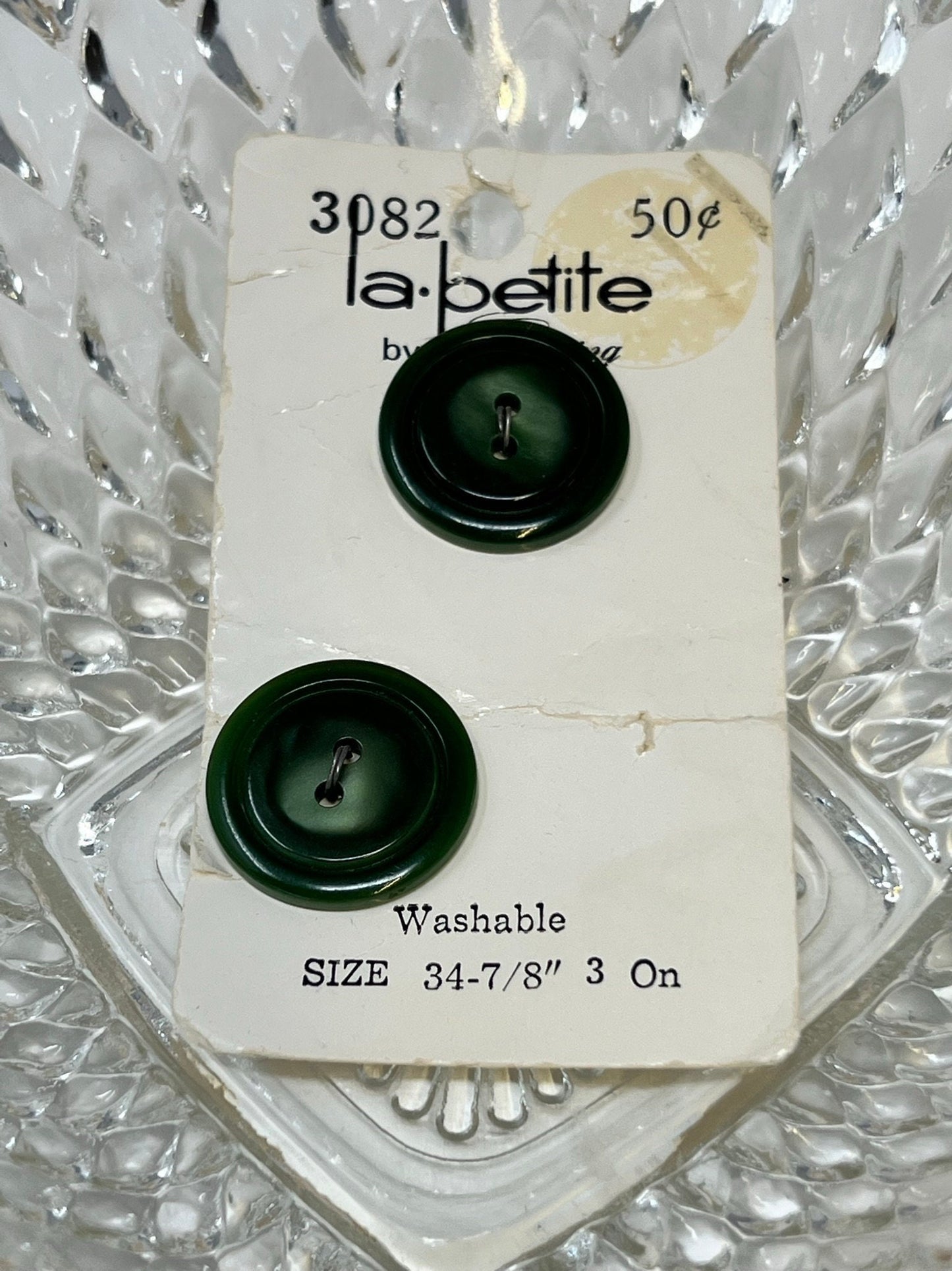 Button Pack #50 - Green Vintage Buttons - 2 Holes - 2 Buttons - La Petite Buttons - 3082 size 34 7/8" - On cards, one missing