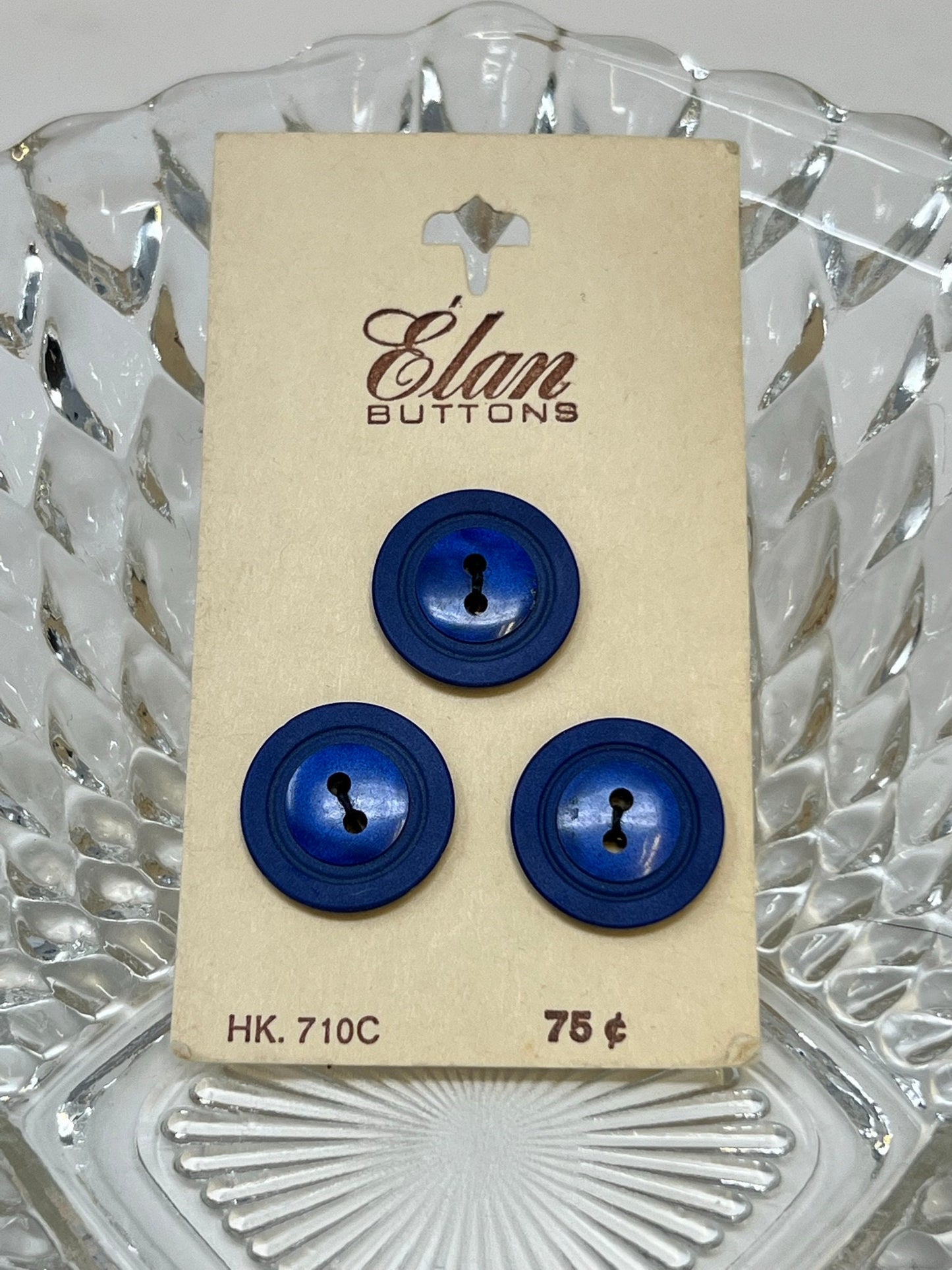 Button Pack #31 - Blue Vintage Buttons - 2 Holes - 3 Buttons - Elan Buttons - HK 710C size 28 3/4" - On cards, none missing