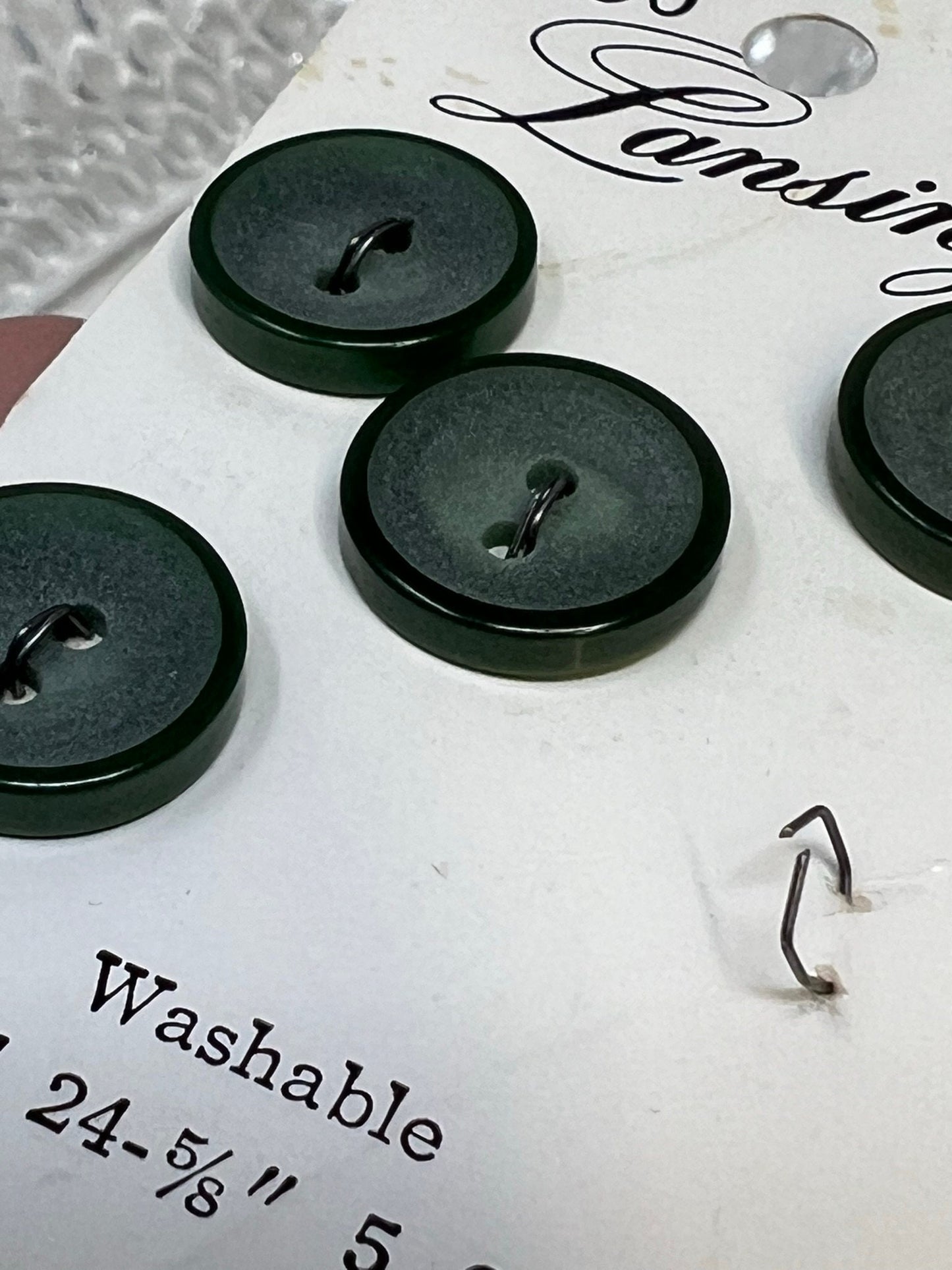 Button Pack #39 - Green Vintage Buttons - 2 Holes - 4 Buttons - Lansing - 3090 size 24 5/8" - On cards, one missing
