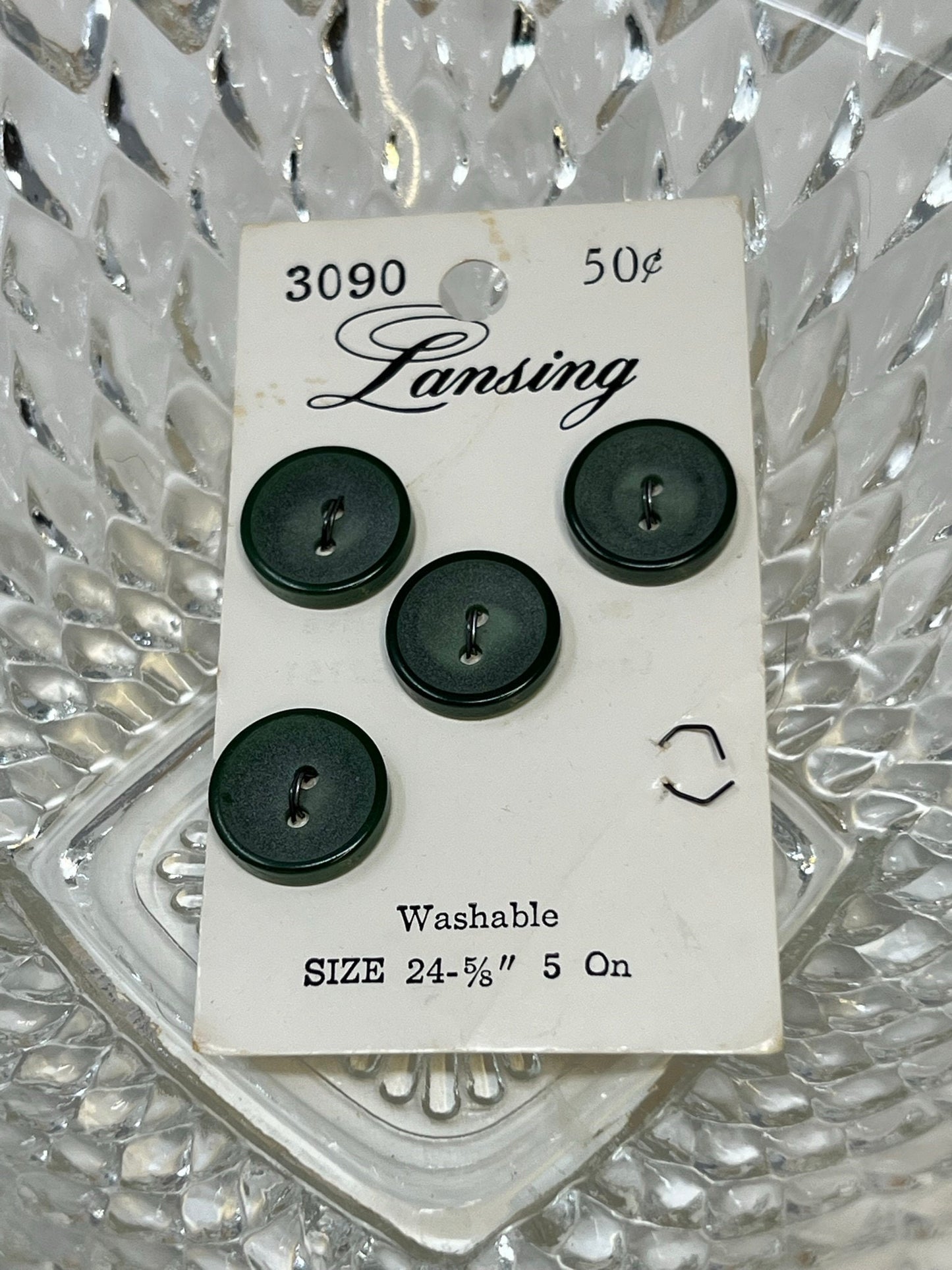 Button Pack #39 - Green Vintage Buttons - 2 Holes - 4 Buttons - Lansing - 3090 size 24 5/8" - On cards, one missing