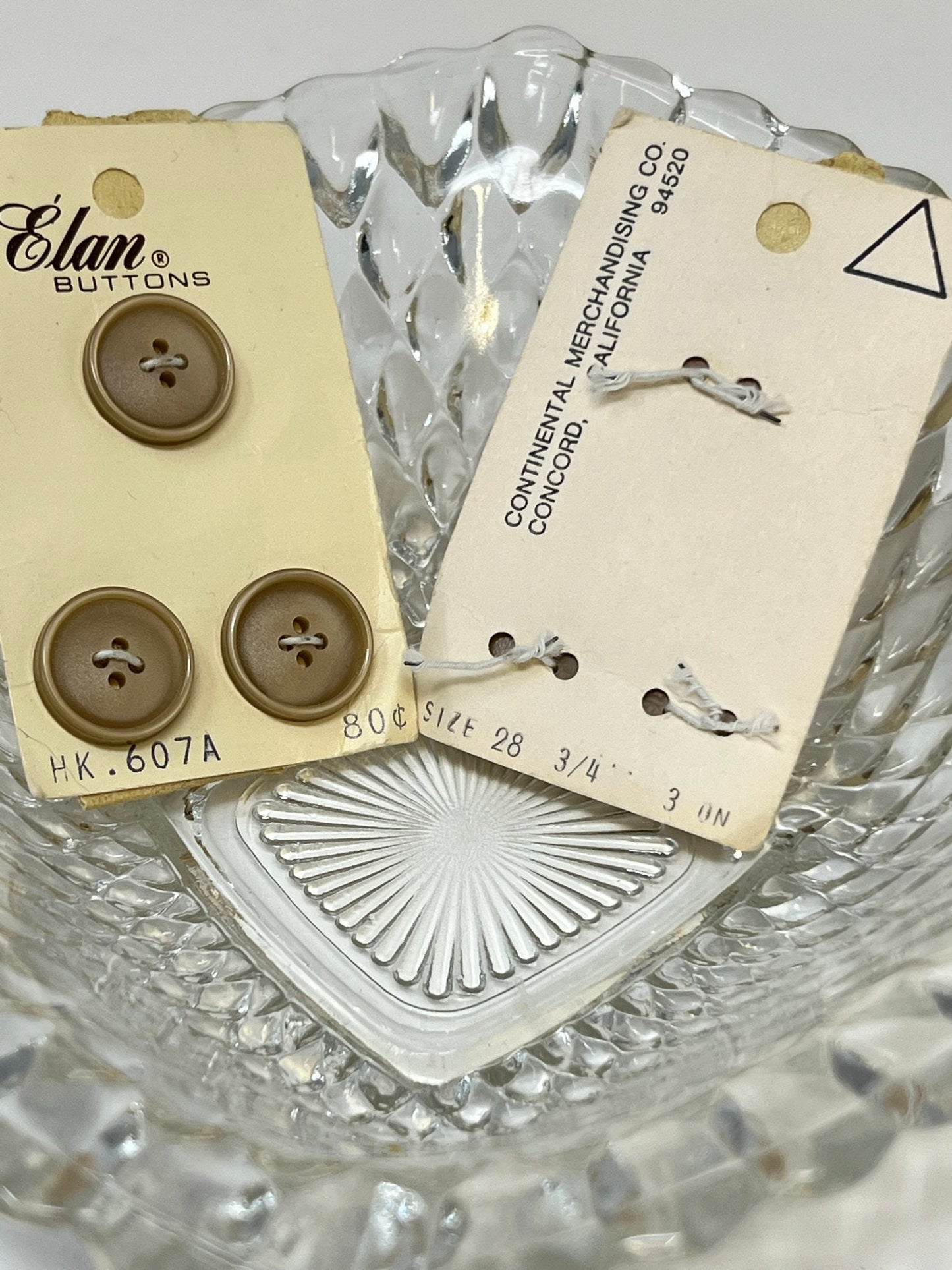 Button Pack #47 - Tan Vintage Buttons - 4 Holes - 6 Buttons - Elan Buttons - HK 607A size 28 3/4" - On cards, none missing