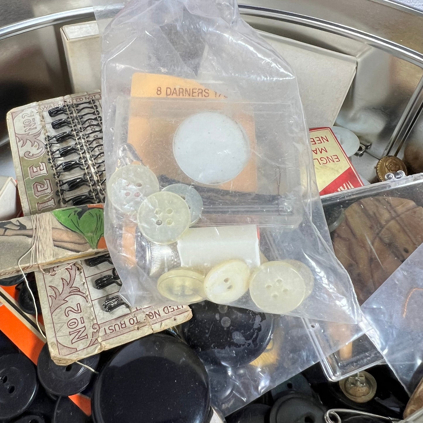Tin Full of Vintage Buttons and Sewing Supplies