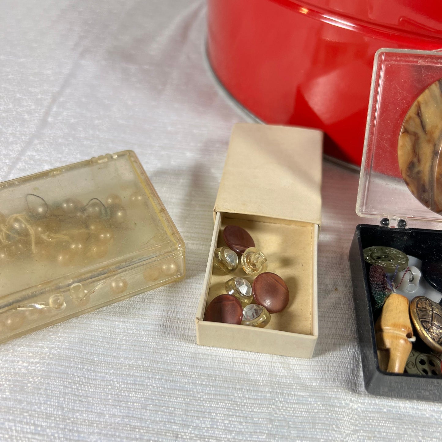 Tin Full of Vintage Buttons and Sewing Supplies