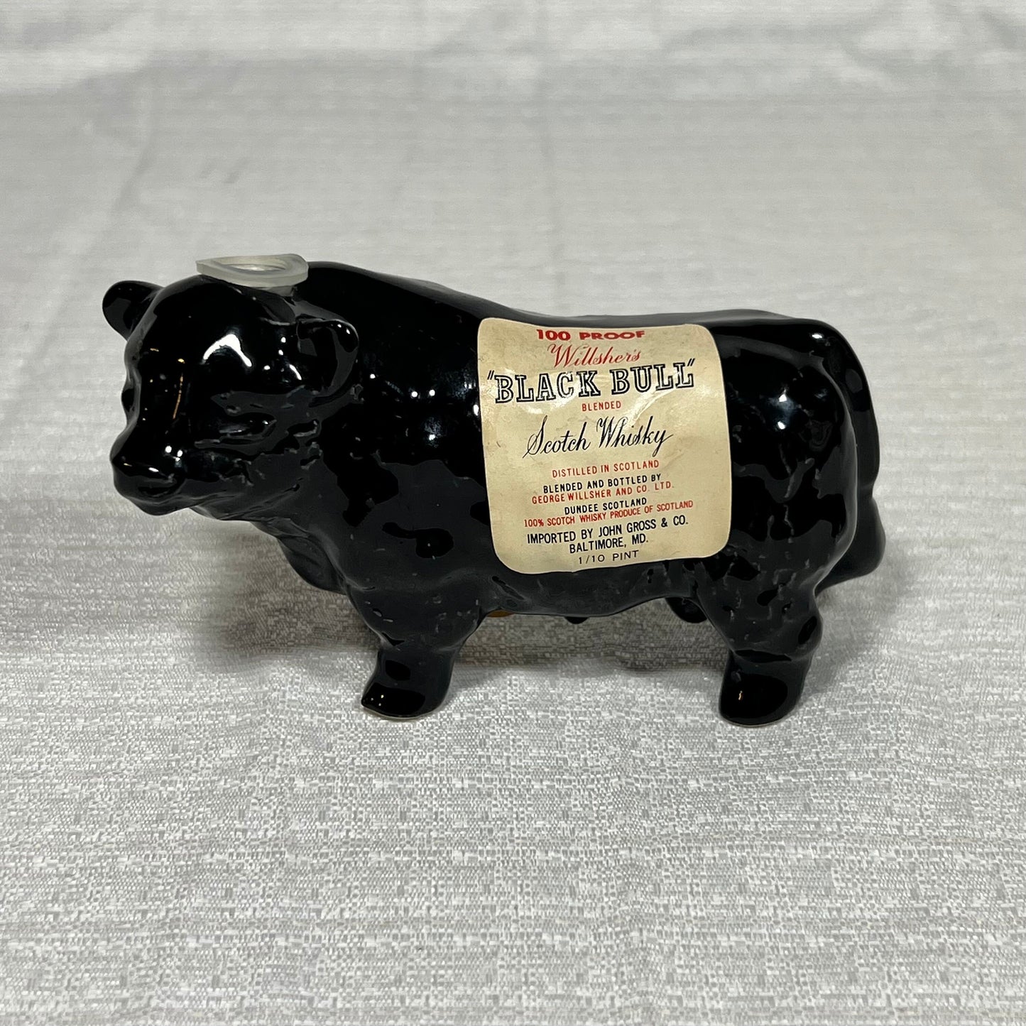 100 Proof Willsher's Black Bull Blended Scotch Whisky Ceramic Bull Bottle (empty)