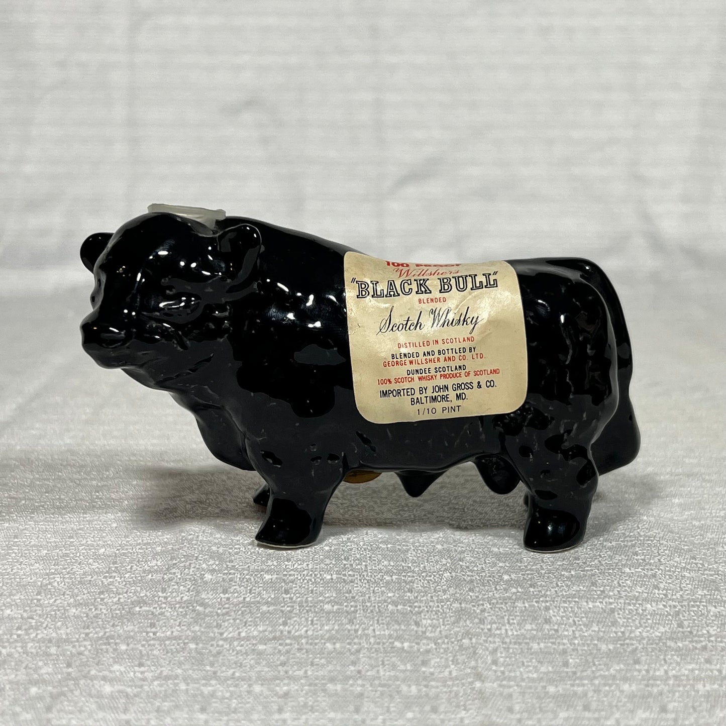 100 Proof Willsher's Black Bull Blended Scotch Whisky Ceramic Bull Bottle (empty)