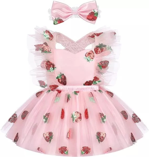 Baby Girl's Sequin Strawberry Birthday Dress with matching headband