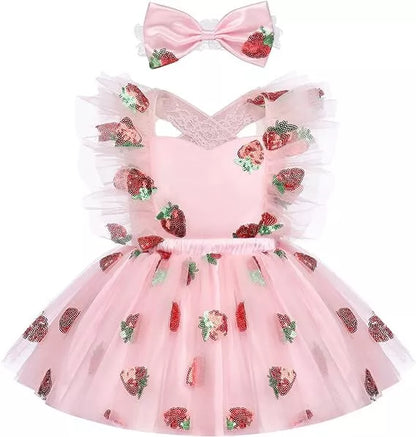 Baby Girl's Sequin Strawberry Birthday Dress with matching headband