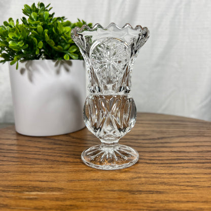 Vintage Cut Glass Bud Vase with thumbprint, starburst, and sawtooth details