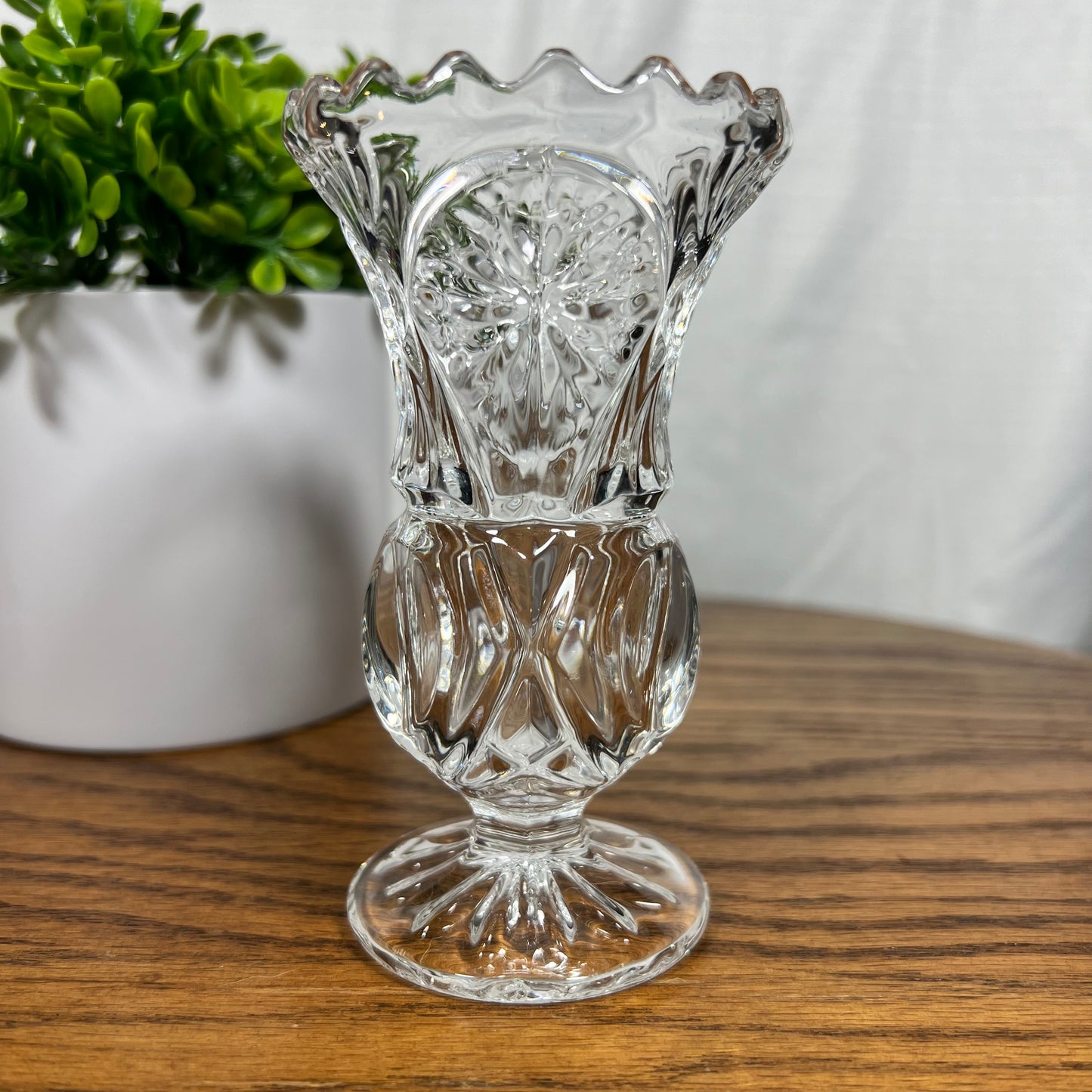 Vintage Cut Glass Bud Vase with thumbprint, starburst, and sawtooth details