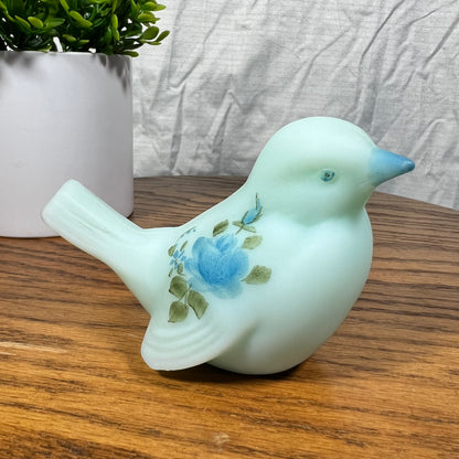 Vintage Fenton Hand Painted Satin Blue Custard Glass Bird