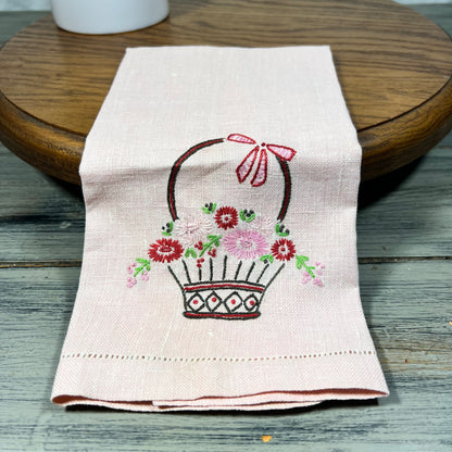 Vintage Embroidered Pink Flower Basket Linen Tea Towel