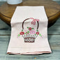 Vintage Embroidered Pink Flower Basket Linen Tea Towel