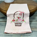 Vintage Embroidered Pink Flower Basket Linen Tea Towel