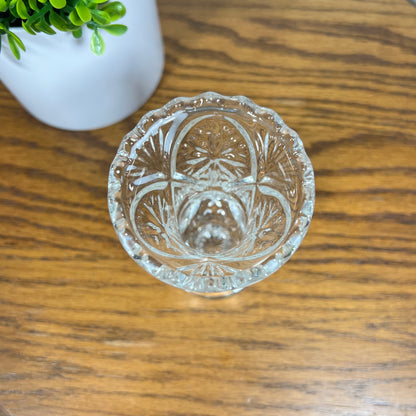 Vintage Cut Glass Bud Vase with thumbprint, starburst, and sawtooth details