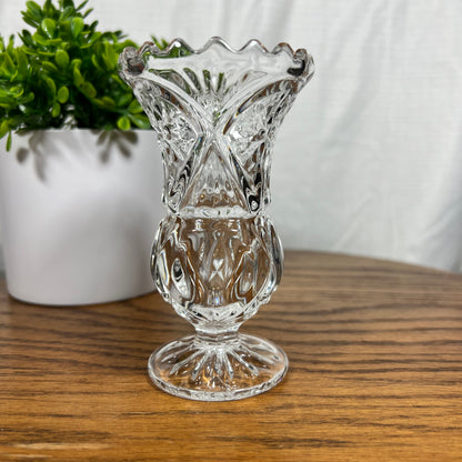 Vintage Cut Glass Bud Vase with thumbprint, starburst, and sawtooth details