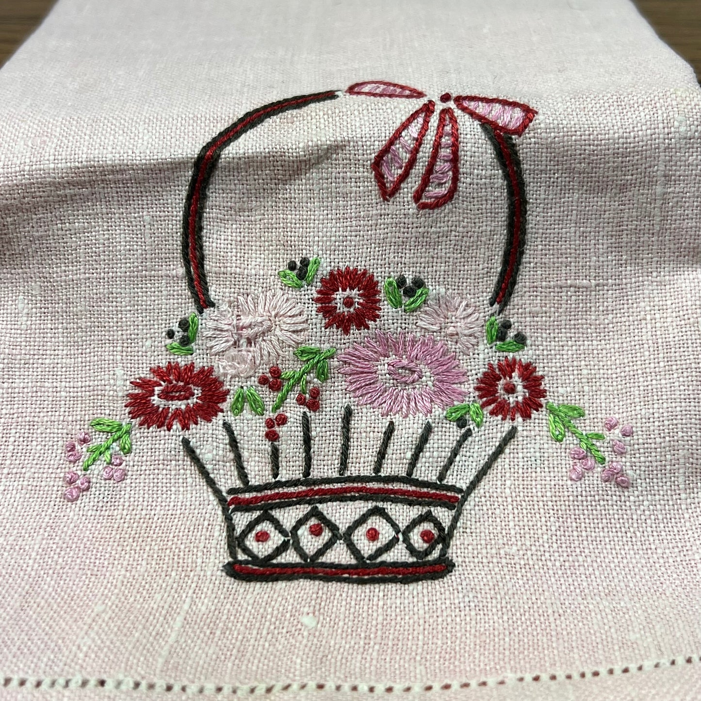 Vintage Embroidered Pink Flower Basket Linen Tea Towel