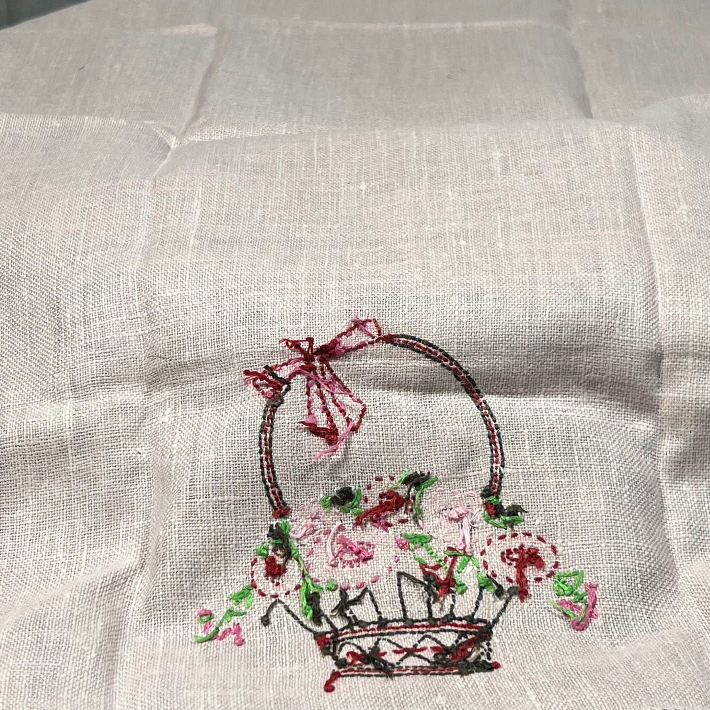 Vintage Embroidered Pink Flower Basket Linen Tea Towel