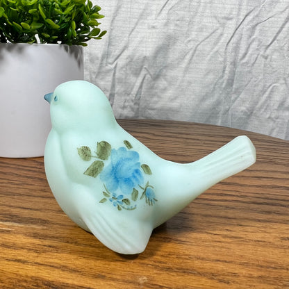 Vintage Fenton Hand Painted Satin Blue Custard Glass Bird