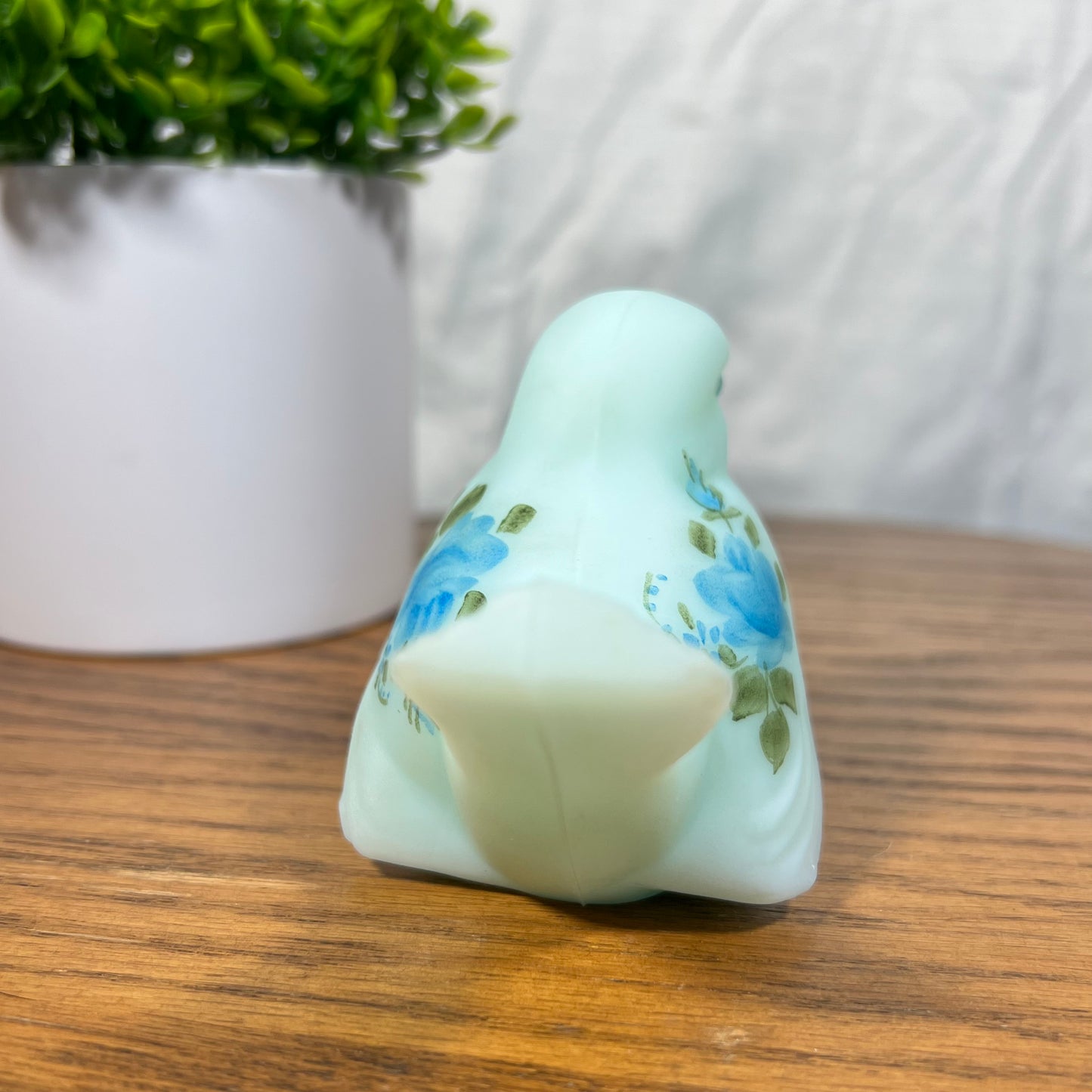 Vintage Fenton Hand Painted Satin Blue Custard Glass Bird