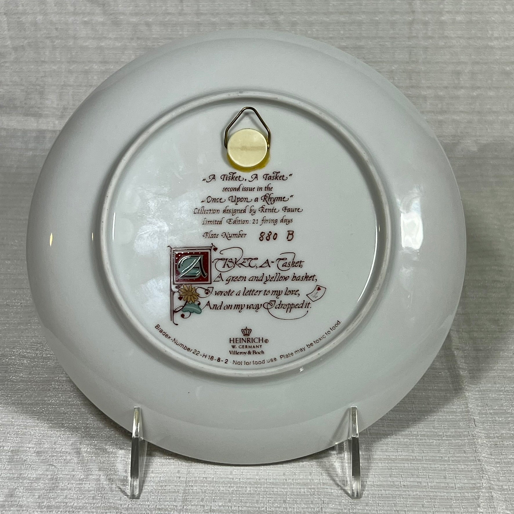 Once Upon a Rhyme A Tisket, A Tasket Collectors Plate Heinrich W. Germany Villeroy & Boch