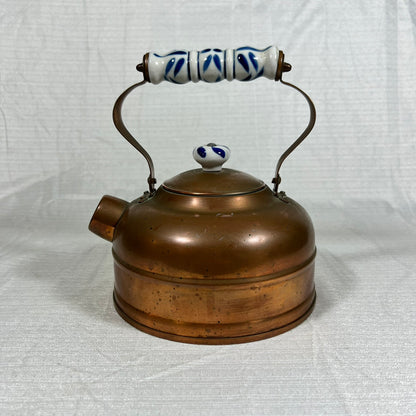 Vintage Copper Kettle with Blue and White Porcelain Handle