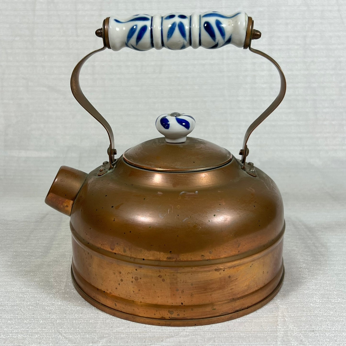 Vintage Copper Kettle with Blue and White Porcelain Handle