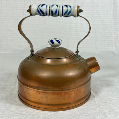 Vintage Copper Kettle with Blue and White Porcelain Handle