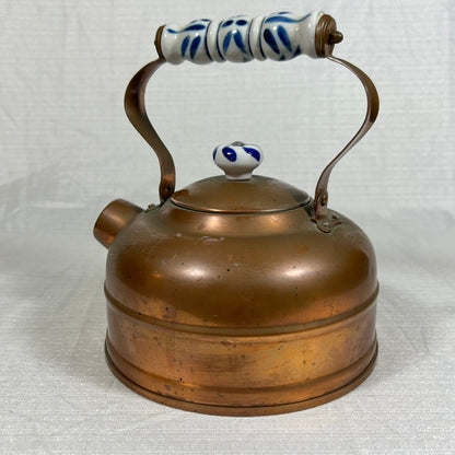 Vintage Copper Kettle with Blue and White Porcelain Handle