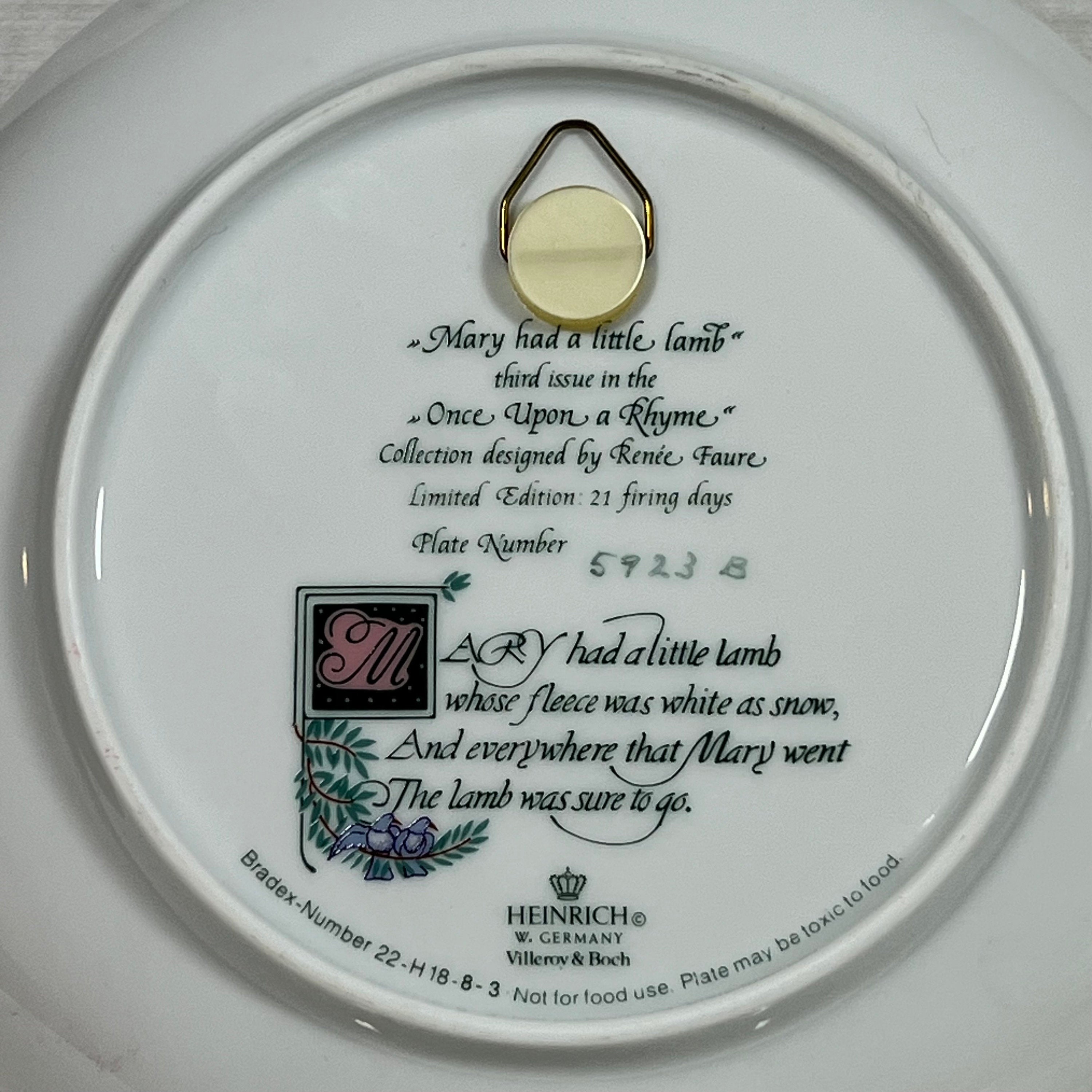 Once Upon a Rhyme Mary Had a Little Lamb Collectors Plate Heinrich W. Germany Villeroy & Boch