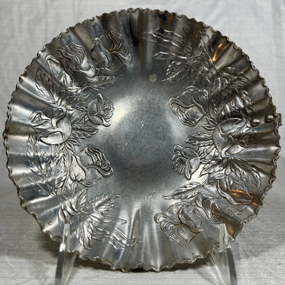 Vintage Hand Wrought Rose Pattern Aluminum Tray (handle is broken off, but still looks great as a trinket dish)