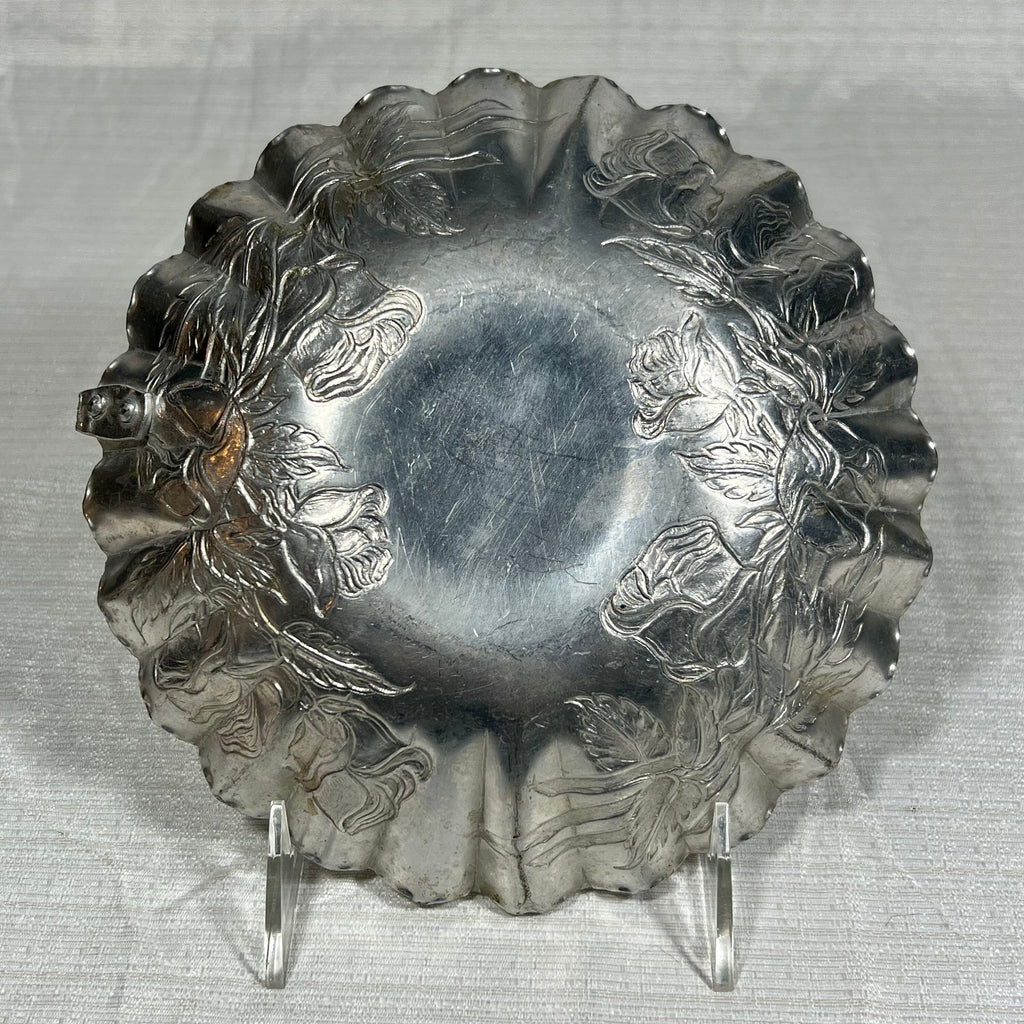 Vintage Hand Wrought Rose Pattern Aluminum Tray (handle is broken off, but still looks great as a trinket dish)