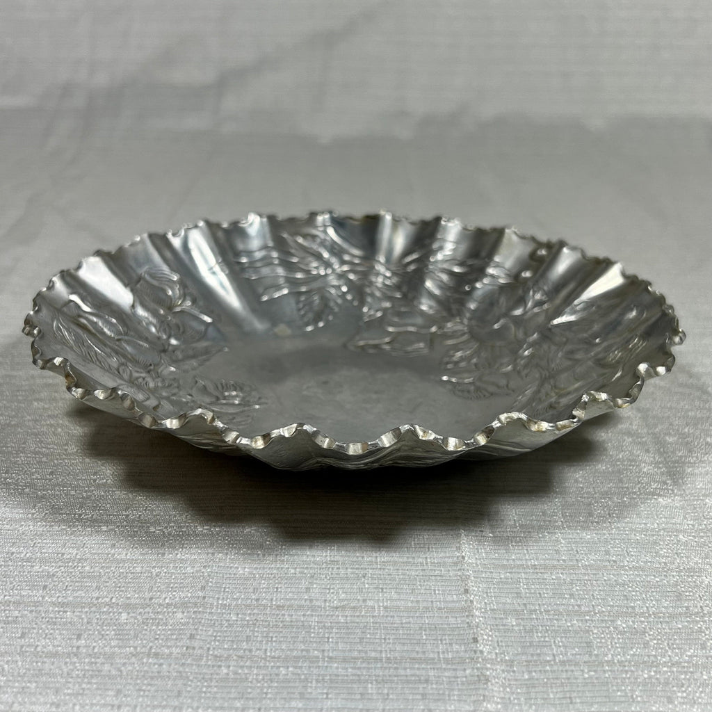 Vintage Hand Wrought Rose Pattern Aluminum Tray (handle is broken off, but still looks great as a trinket dish)