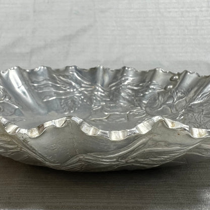 Vintage Hand Wrought Rose Pattern Aluminum Tray (handle is broken off, but still looks great as a trinket dish)