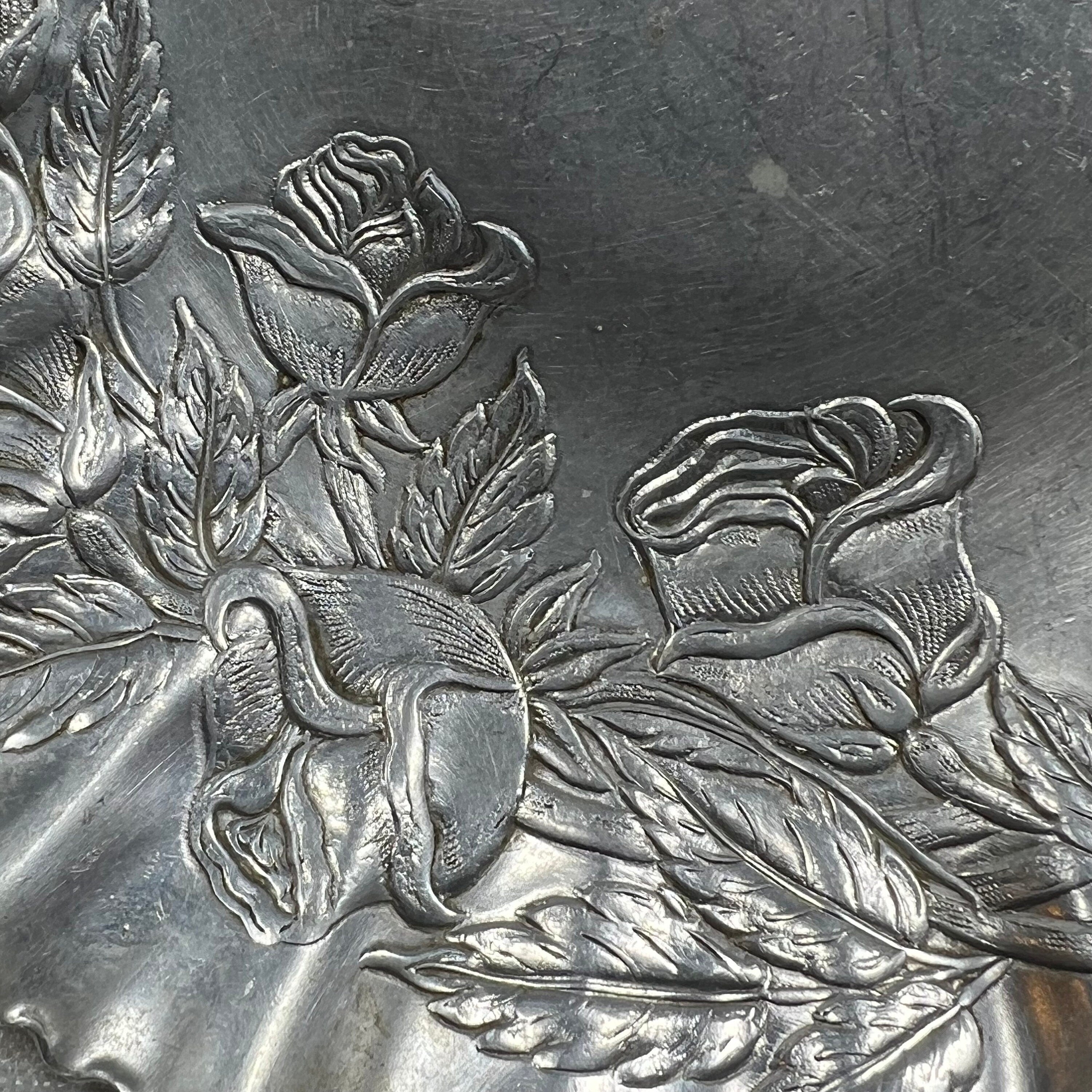 Vintage Hand Wrought Rose Pattern Aluminum Tray (handle is broken off, but still looks great as a trinket dish)
