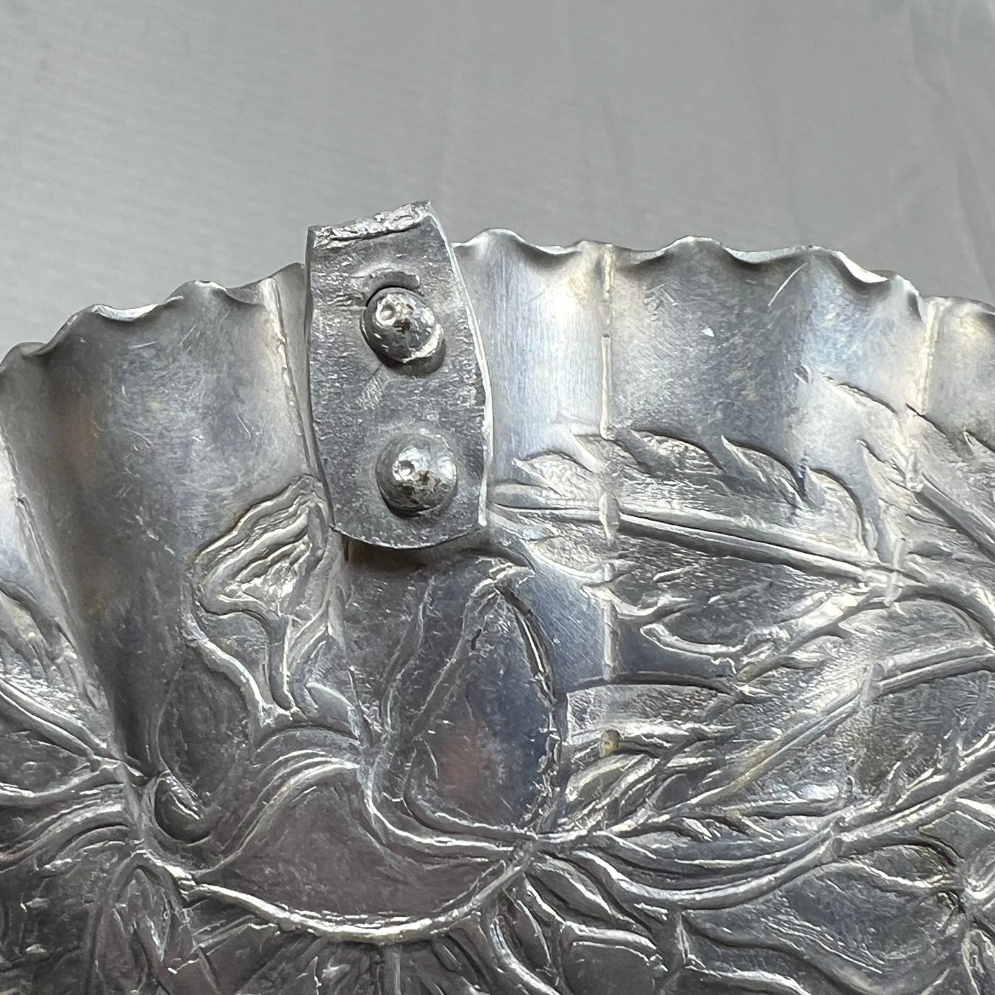 Vintage Hand Wrought Rose Pattern Aluminum Tray (handle is broken off, but still looks great as a trinket dish)