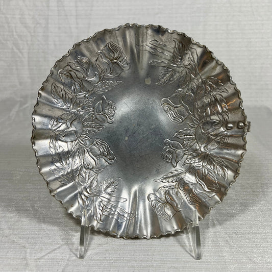 Vintage Hand Wrought Rose Pattern Aluminum Tray (handle is broken off, but still looks great as a trinket dish)