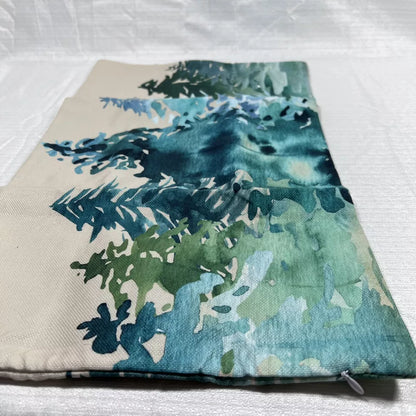 Watercolor Blue Green Tree Lumbar Pillow Cover